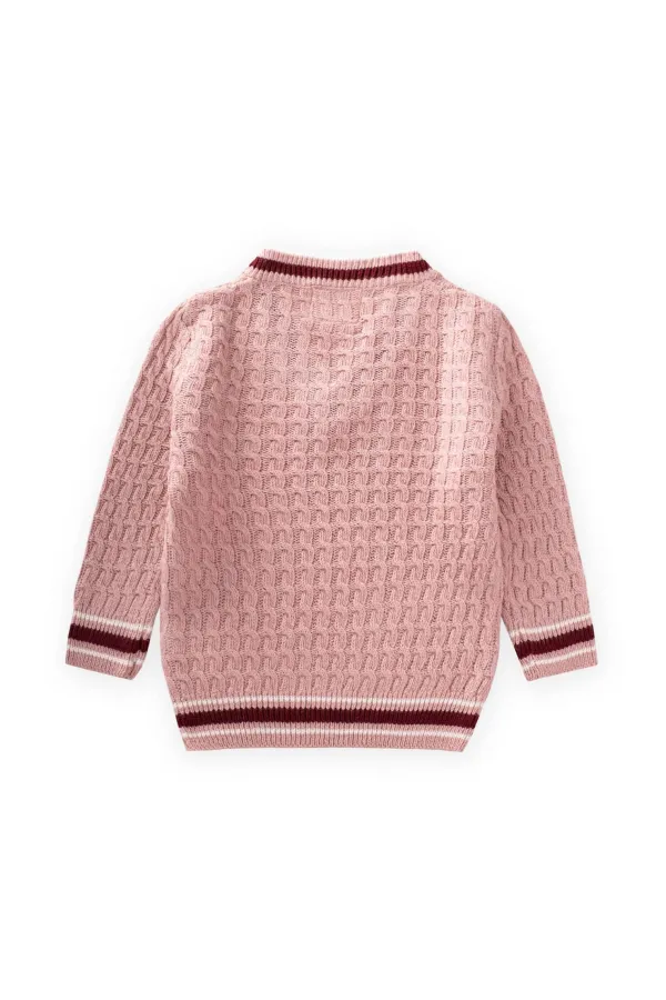 Saç Örgü V Yaka Kazak 2-9 Yaş Pudra Pembe