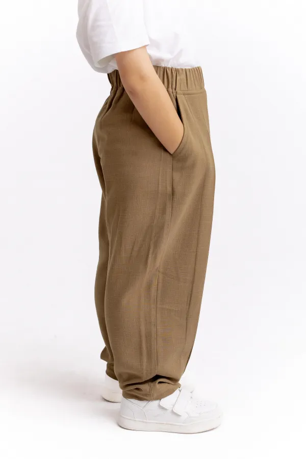 Pantalon en lin à plis plats, jambes et taille fermées, 2-7 ans, couleur caramel