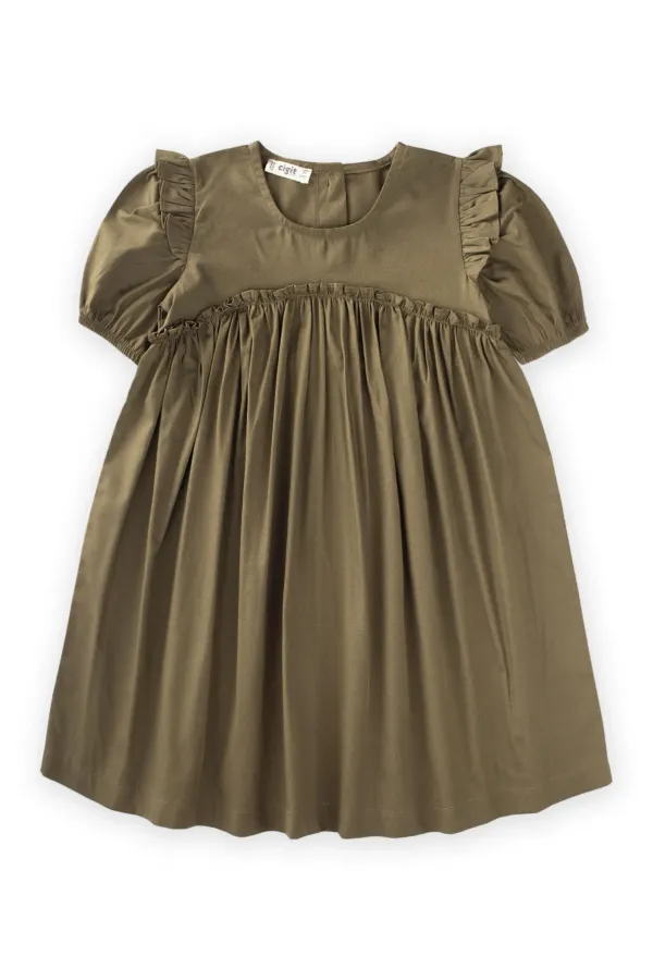 Robadan Fırfır Büzgülü Poplin Elbise 2-7 Yaş Haki Yeşil