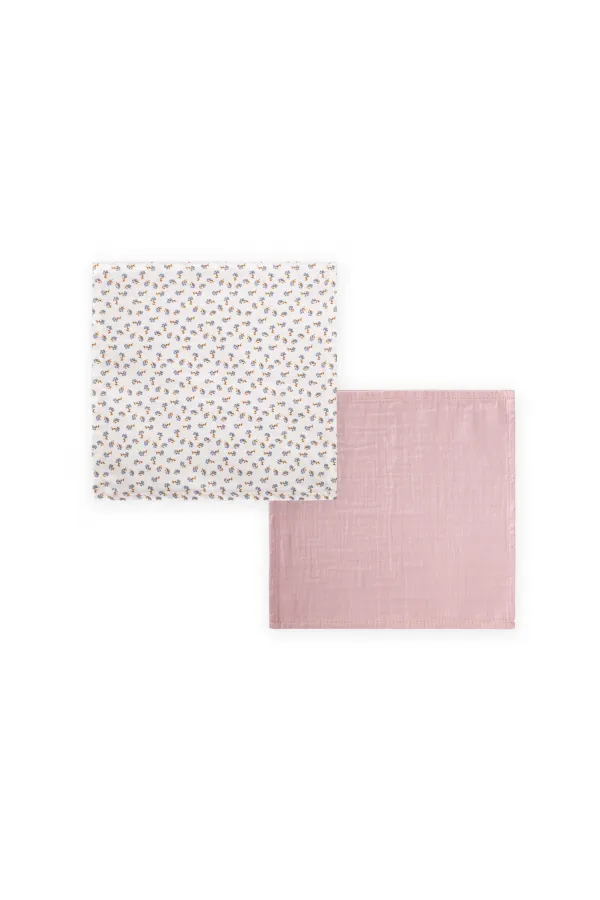 Set of Two Muslin Mouth Cloths, 25x25 cm, Powder Pink, Floral Print