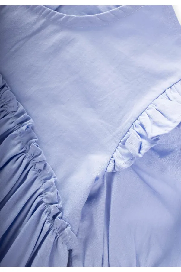 Robadan Fırfır Büzgülü Poplin Elbise 2-7 Yaş Mavi