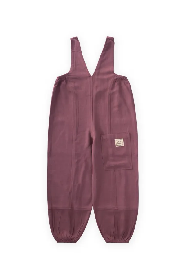 V Yaka Paça Lastikli Keten Salopet 2-7 Yaş Mürdüm