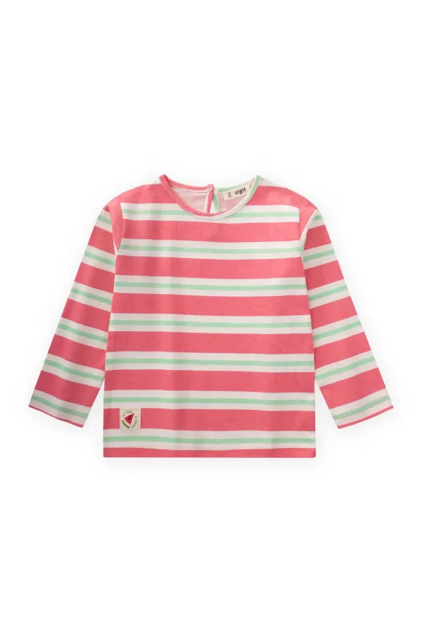 Çizgili Uzun Kollu T-Shırt 2-8 Yaş Pembe Yeşil Çizgili