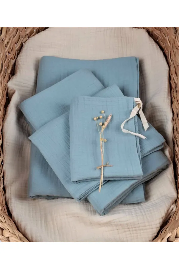 Parure de lit en mousseline avec pochette 100 x 135 cm +/- 3 cm, drap-housse 120 x 150 cm, taie d'oreiller 35 x 45 cm, vert menthe