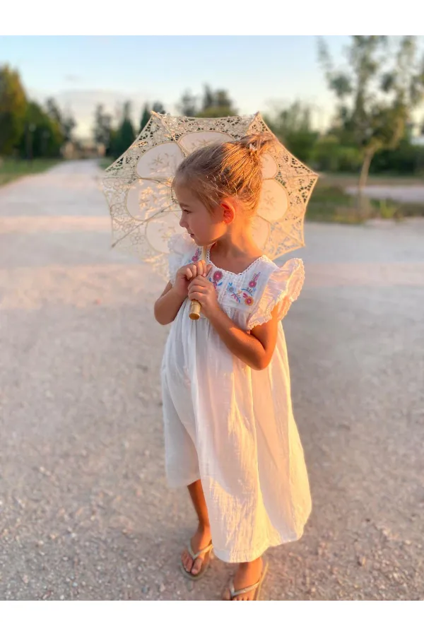 Robe en mousseline de coton biologique brodée, 2-8 ans, écru