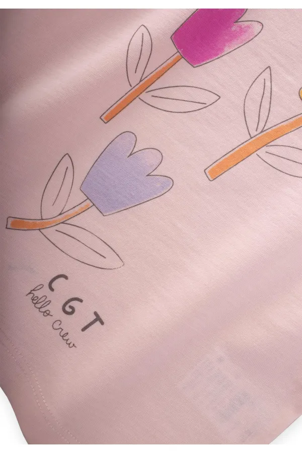 Renkli Lale Baskılı Kız T-Shırt Takım 1-7 Yaş Pudra Pembe