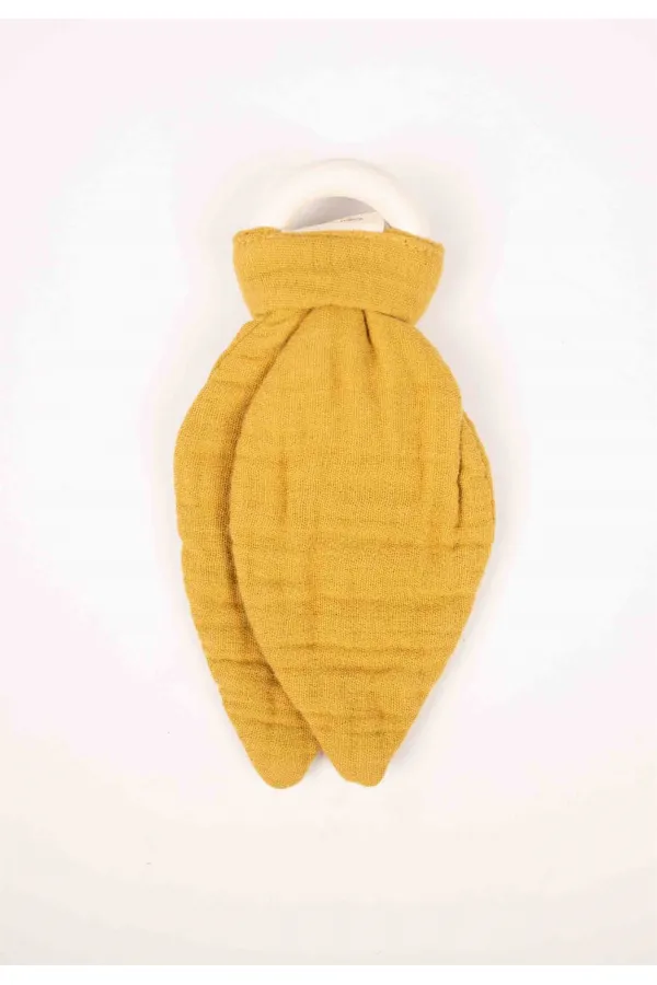 Anneau de dentition en bois et mousseline, jaune moutarde