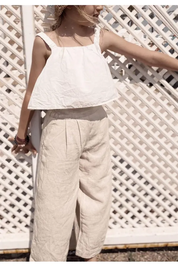 Pileli Keten Bol Pantolon 2-7 Yaş Naturel