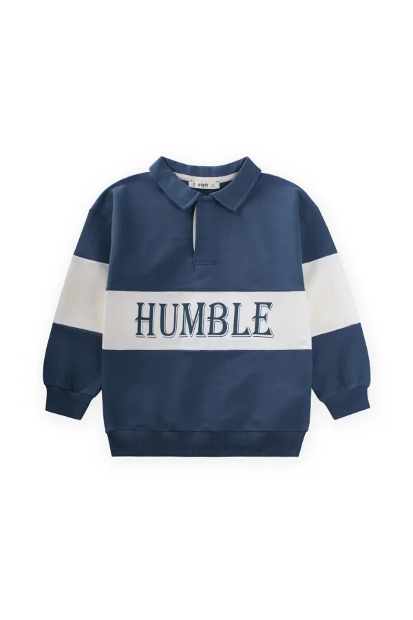 Polo Neck Printed Sweatshirt 4-12 Years Old Navy Blue