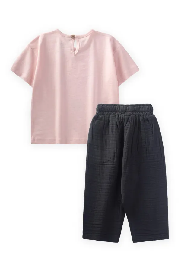 Renkli Lale Baskılı Kız T-Shırt Takım 1-7 Yaş Pudra Pembe
