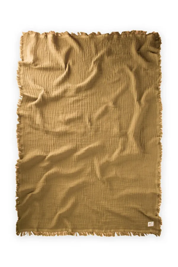 Couverture à pompons tricotée à quatre couches 80 x 120 cm Jaune moutarde