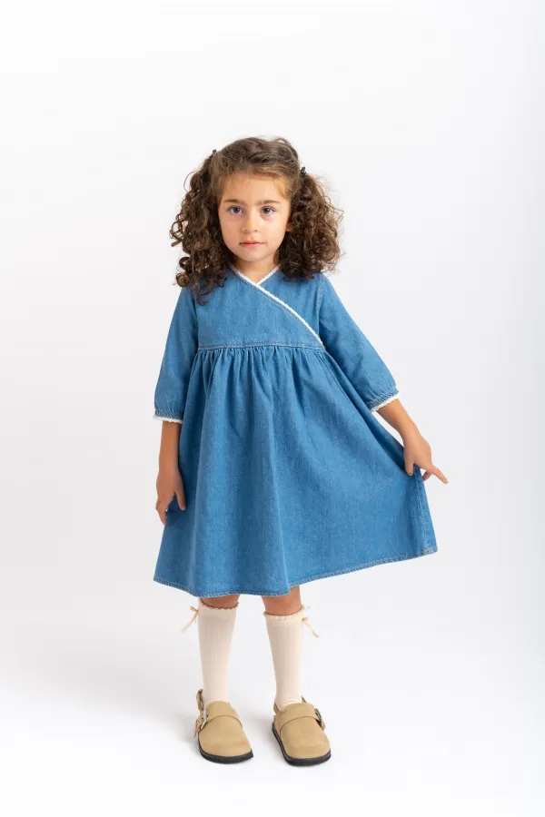 Denim Dress with Tomato Pastel Blue for Ages 2-7