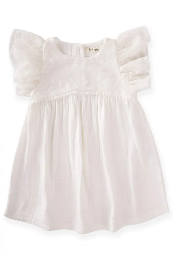 Yaprak Desen Tül Garnili Müslin Elbise 2-8 Yaş Ekru