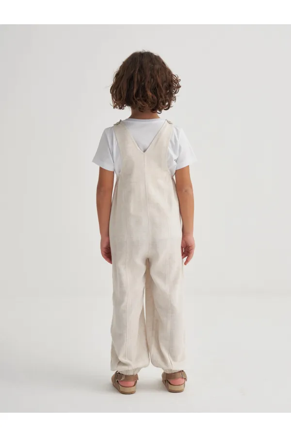 Linen V-Neck Children's Embroidered Romper, Ages 2-7, Natural