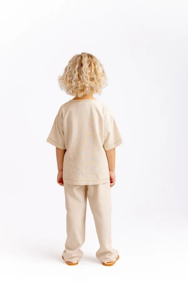 Kontrast Dikişli Keten Bluz 2-7 Yaş Naturel