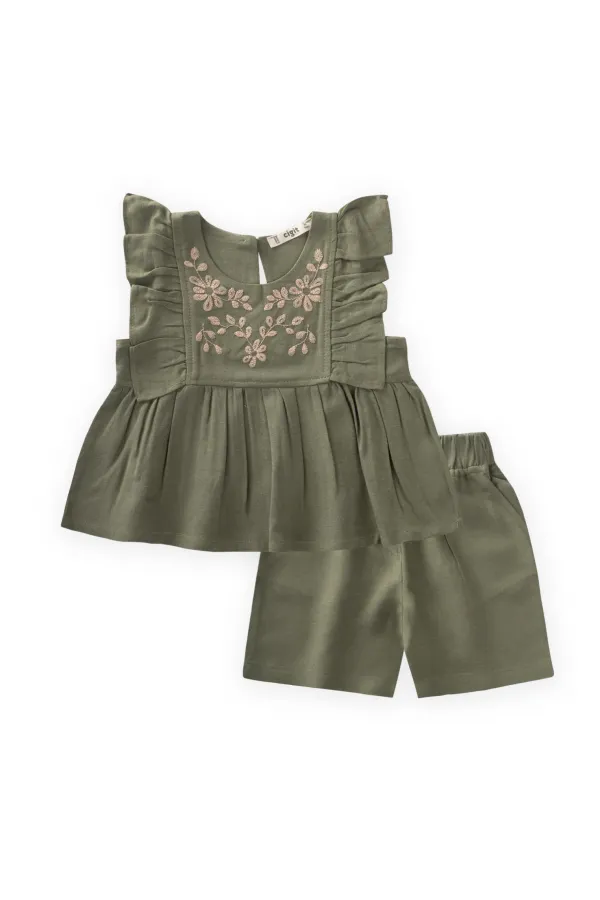 Linen Suit with Embroidered Shorts for 2-7 Years Old Khaki Green