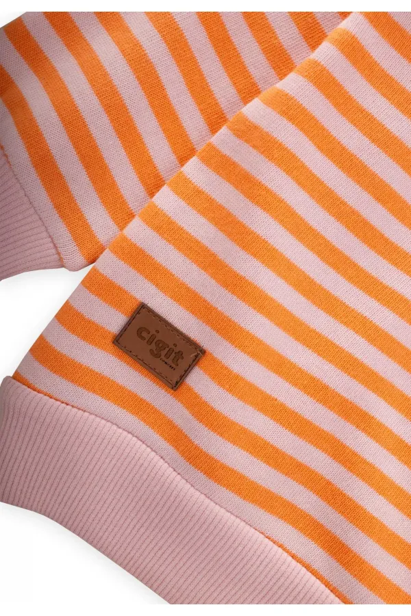 Çizgili Triko Sweatshirt 0-4 Yaş Pudra Şeftali