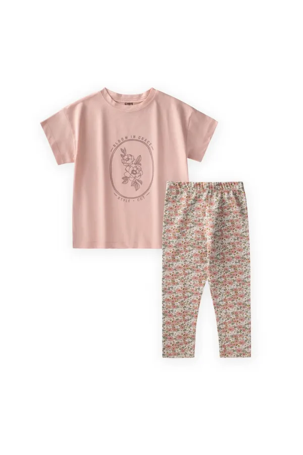 Desenli Taytlı T-Shirt Takım 2-10 Yaş Pudra Pembe