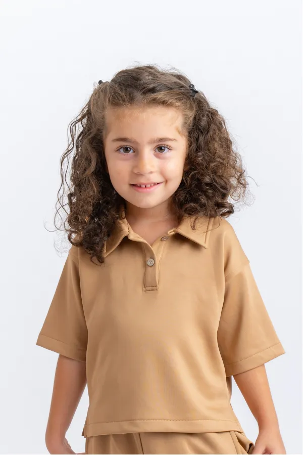 Polo Neck Wide Leg Suit for 2-7 Years Old Tan