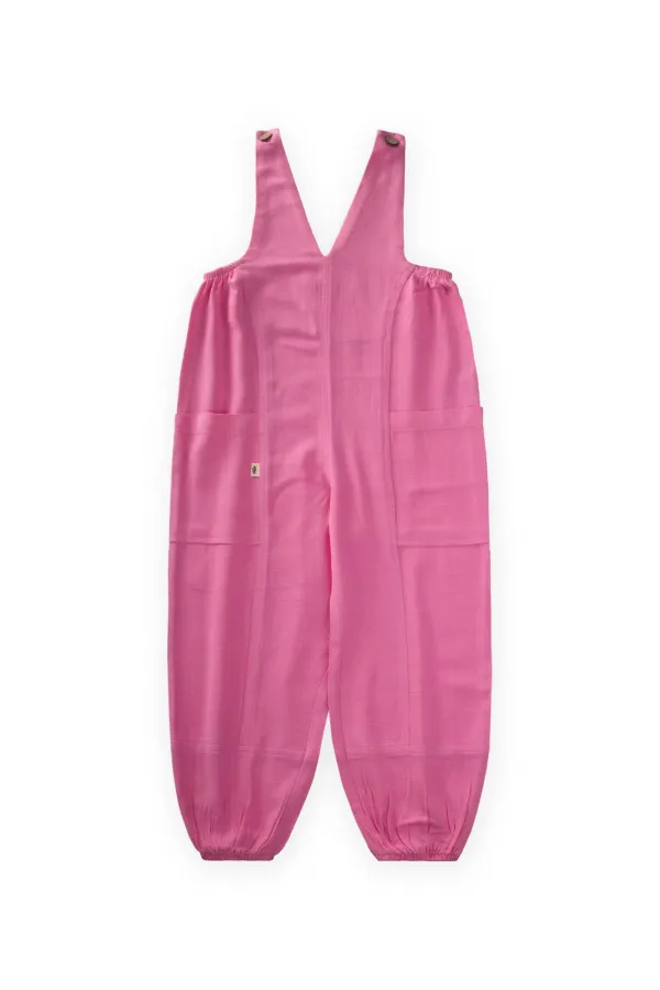 V-Neck Elasticated Linen Overalls for 2-7 Years Pink