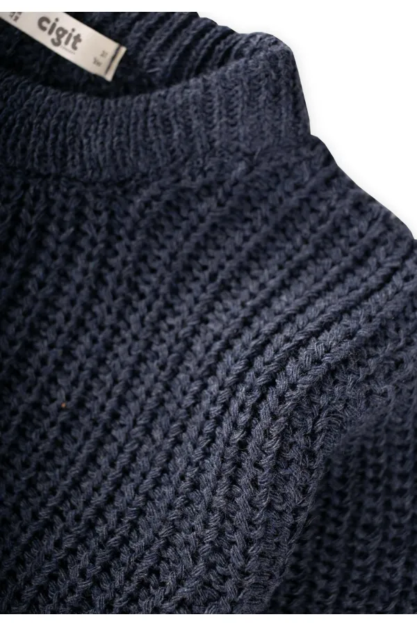 Bisiklet Yaka Selanik Triko Kazak 2-8 Yaş İndigo Mavi