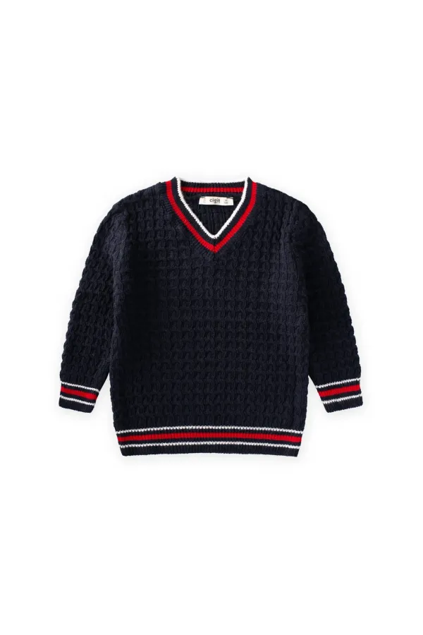 Pull à col en V en maille torsadée, 2-9 ans, bleu marine