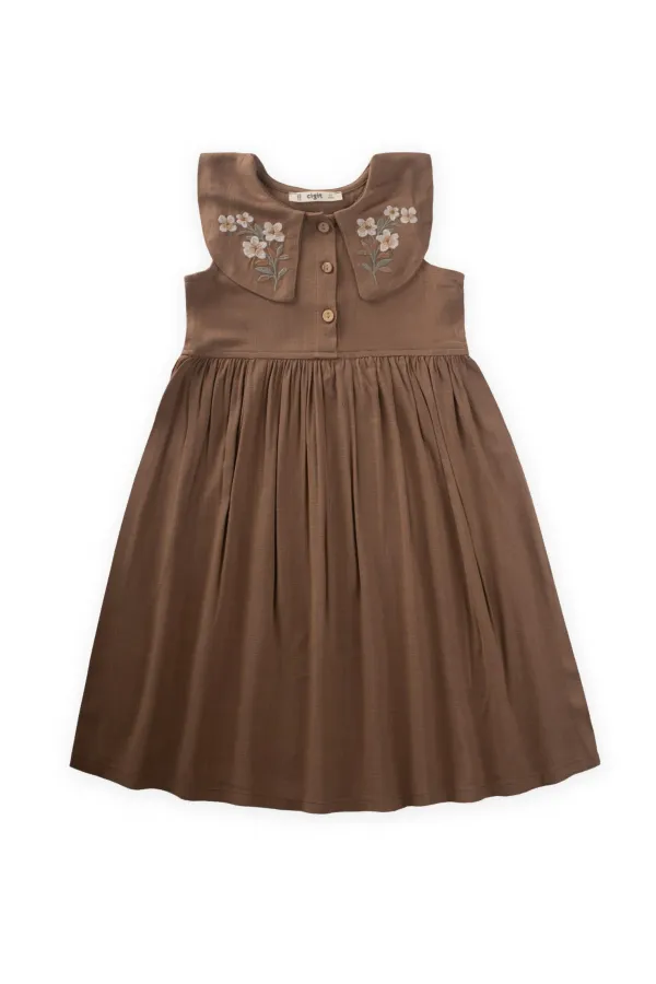Robe en lin à col brodé, couleur caramel, 2-7 ans