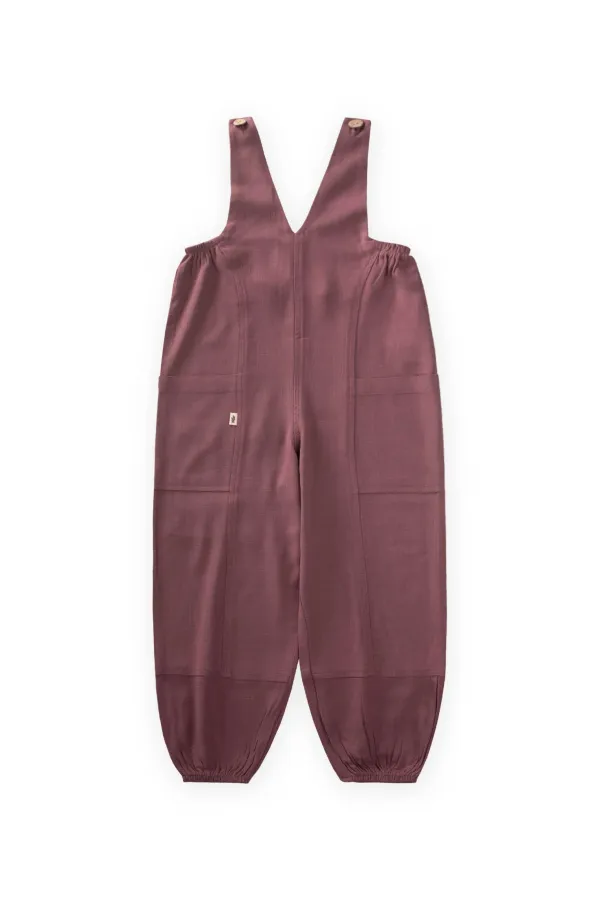 V Yaka Paça Lastikli Keten Salopet 2-7 Yaş Mürdüm