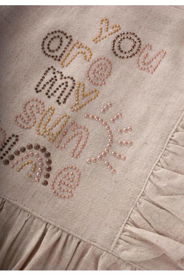 Kare Yaka Yazı Taşlı Keten Elbise 2-7 Yaş Naturel