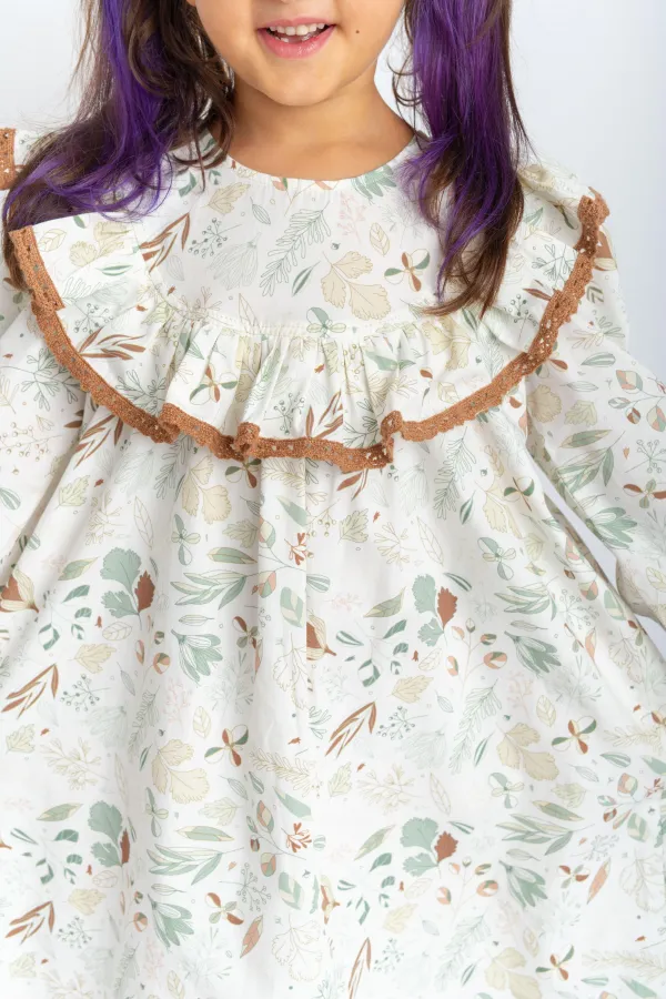 Robe en popeline à volants et dentelle pour enfants de 2 à 7 ans, motif écru