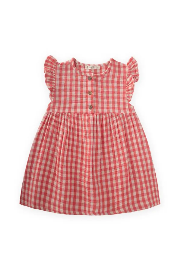 Peti Square Patterned Dress 1-8 Years Coral