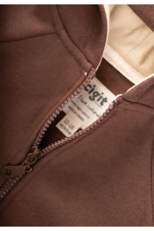 Gilet à capuche zippé marron, 1-14 ans