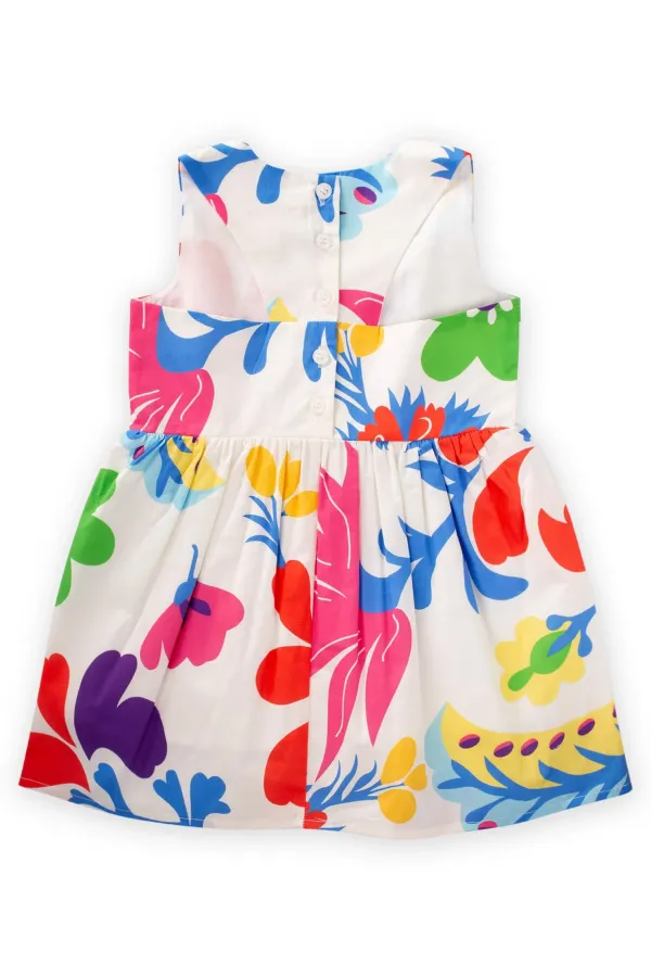 Çiçek Baskılı Elbise 2-7 Yaş Ekru