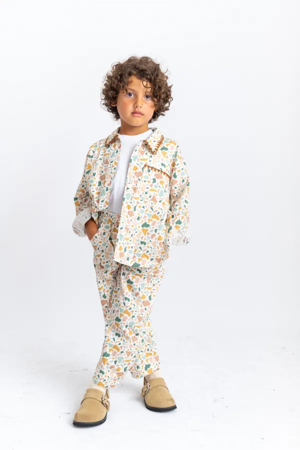 Ensemble en popeline avec col et poche brodés, motif écru, pour enfants de 2 à 7 ans