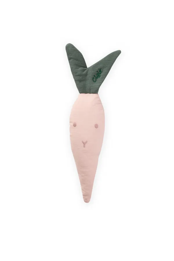 Hochet en mousseline en forme de carotte rose poudré