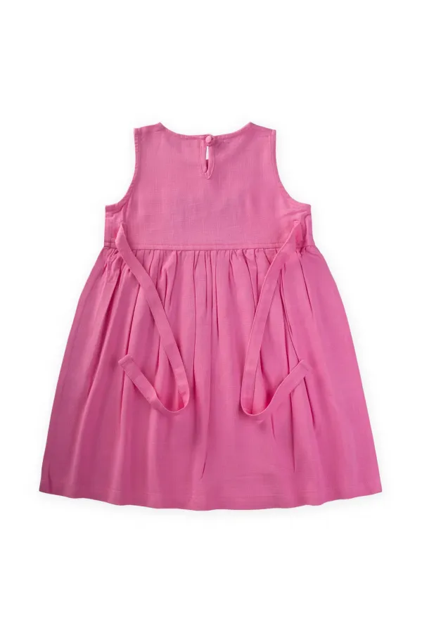 Nakışlı Yandan Bağlamalı Keten Elbise 2-7 Yaş Pembe