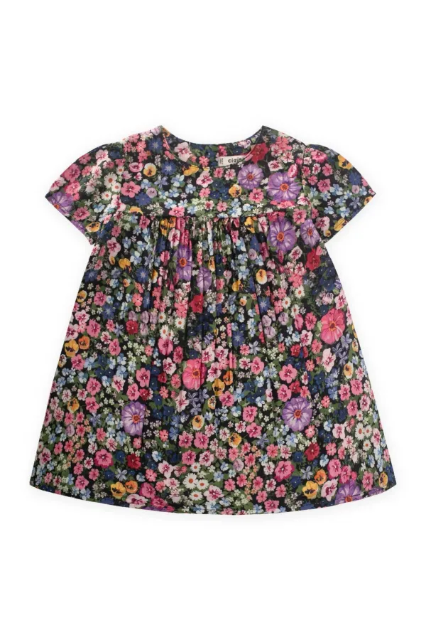 Desenli Dökümlü Elbise 1-8 Yaş Siyah