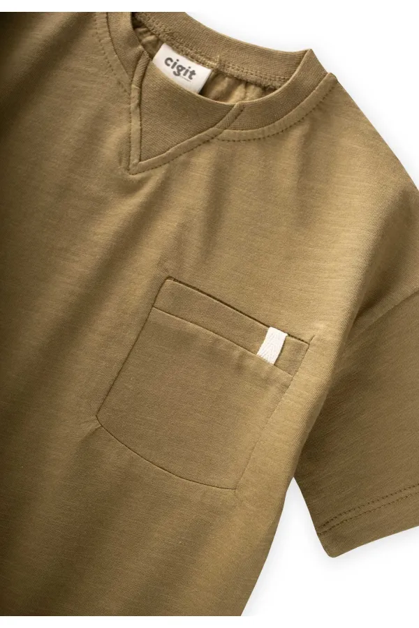 T-shirt à col détaillé, couleur olive, 2-12 ans