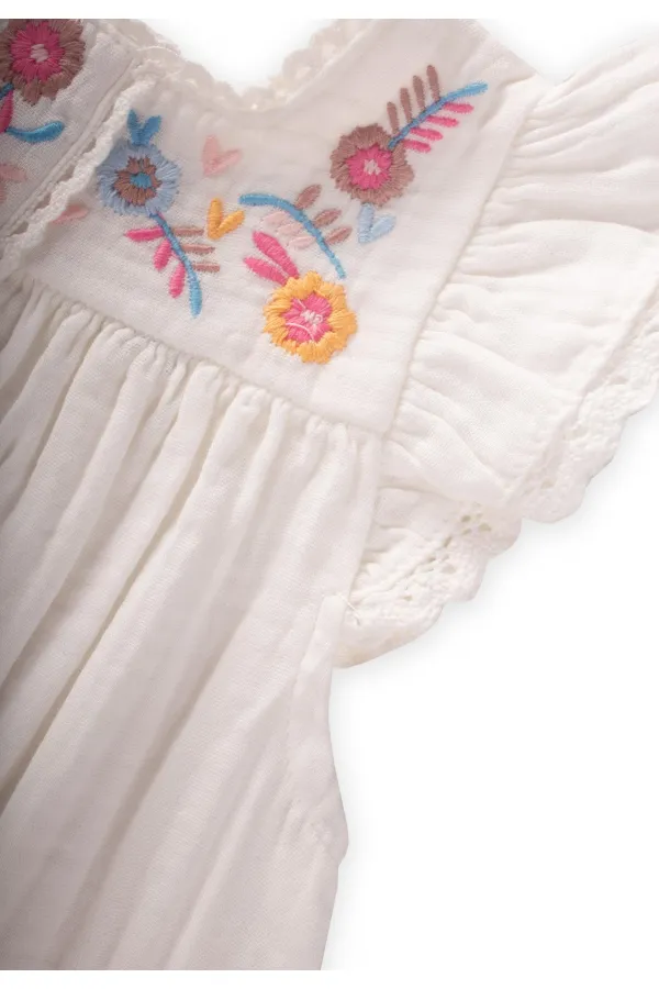 Robe en mousseline de coton biologique brodée, 2-8 ans, écru