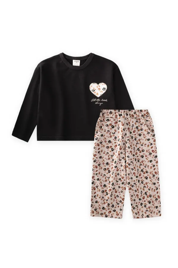 Ensemble pantalon taille haute à manches longues et motifs, tailles 2-8 ans, noir.