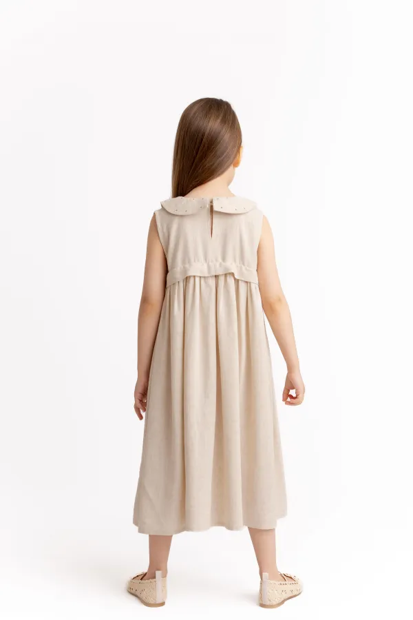 Baby Collar Embroidered Linen Dress for 2-7 Years Old, Natural