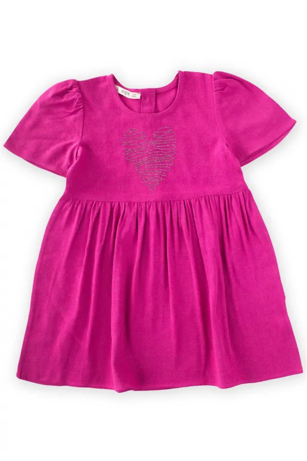 Kalp Taşlı Elbise 2-7 Yaş Fuşya