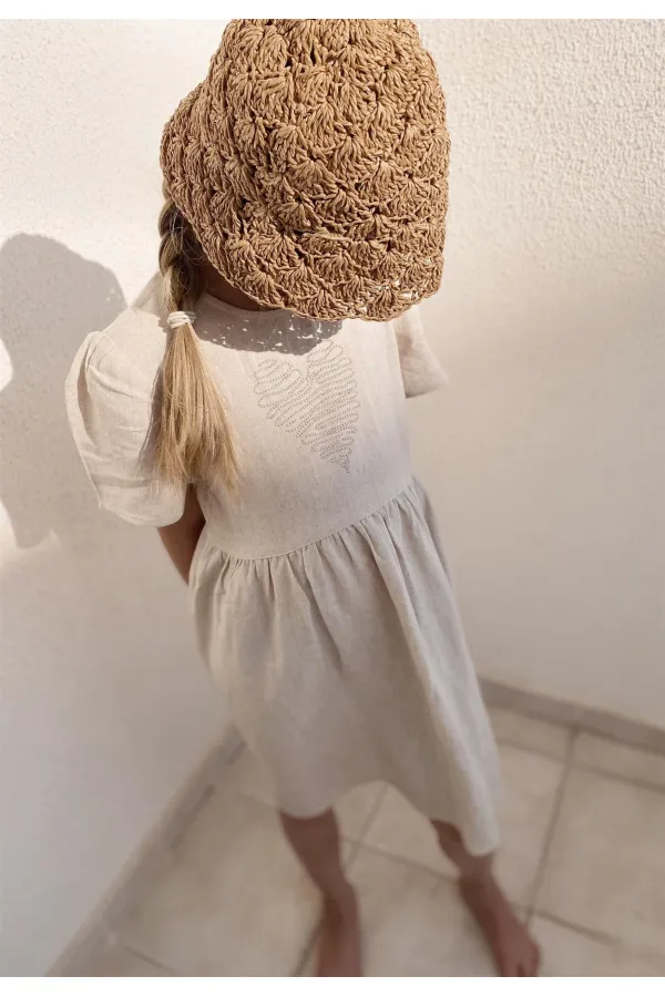 Robe en lin à motif cœur et pierre, naturelle, pour enfants de 2 à 7 ans