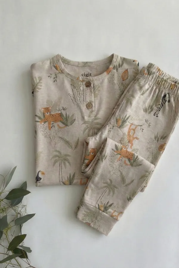 Ensemble pyjama à imprimé animal pour enfants de 1 à 5 ans, beige