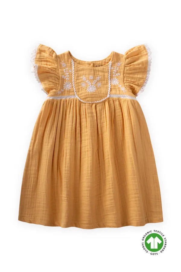 Organik Nakışlı Müslin Kız Elbise 2-10 Yaş Pastel Sarı