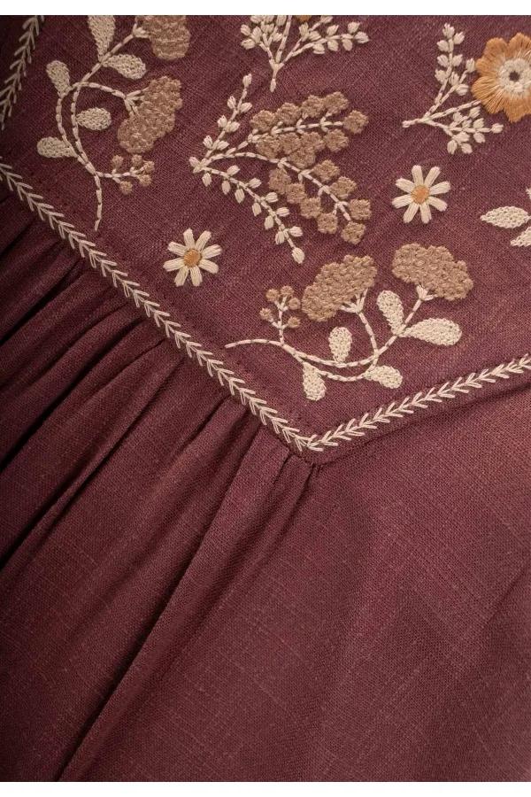 Robe en lin brodé pour enfants de 2 à 7 ans, couleur prune