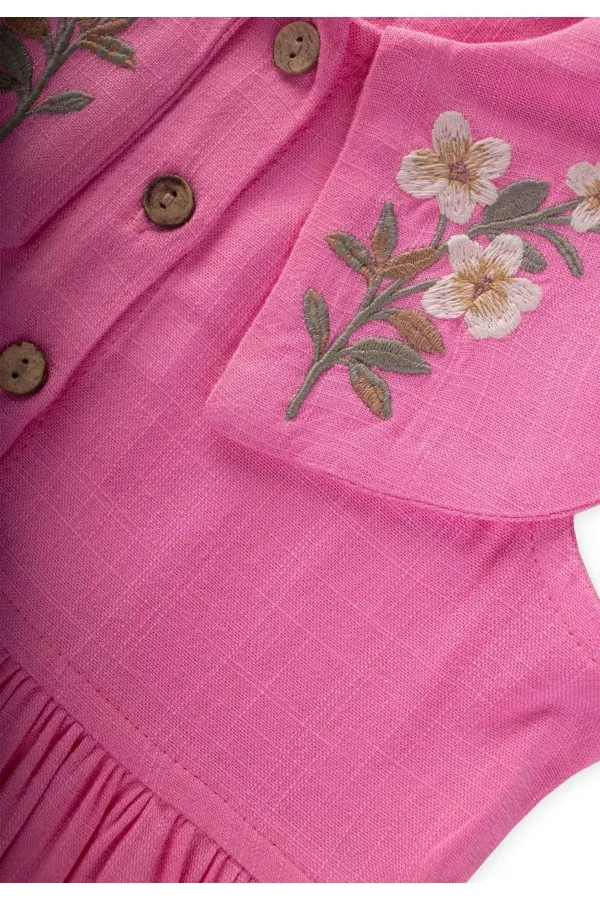 Nakışlı Roba Yaka Keten Elbise 2-7 Yaş Pembe