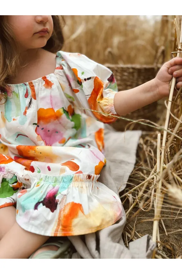 Yaka Kol Lastikli Poplin Elbise 2-7 Yaş Ekru Desenli