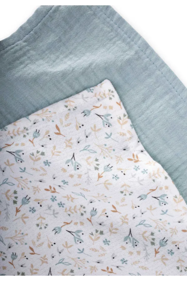Set of Two Muslin Mouth Cloths, 25x25 cm, Mint Green, Floral Print
