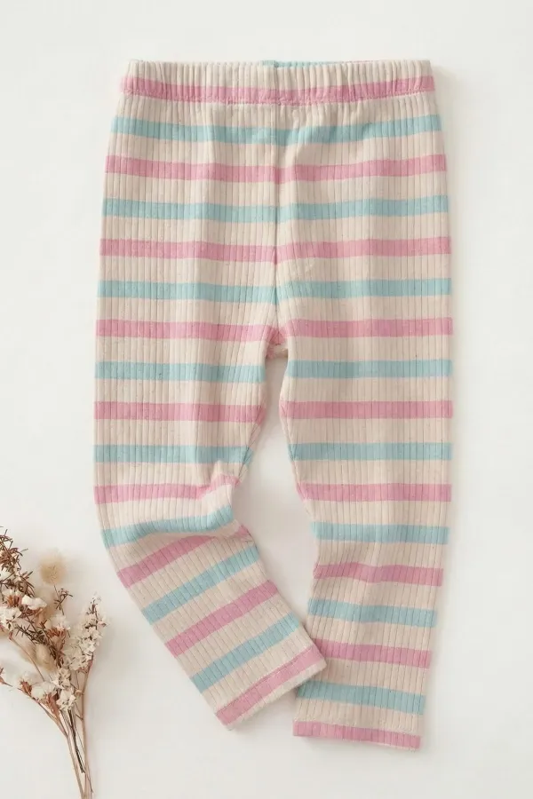 Leggings pour enfants de 2 à 10 ans, rose poudré, rayures bleues